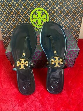 Tory Burch Black Jelly Thong Sandals with Gold Logo Medallions s.7